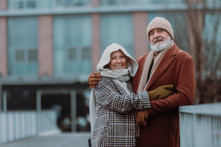 Téléchargez les photos : Élégant couple de personnes âgées marchant près d'une rivière, pendant la froide journée d'hiver. - en image libre de droit