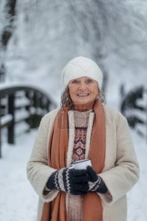 Téléchargez les photos : Portrait d'une élégante femme âgée buvant du thé chaud à l'extérieur, pendant la froide journée enneigée d'hiver. Femme âgée passant des vacances d'hiver dans les montagnes. Paysage hivernal de Noël. - en image libre de droit