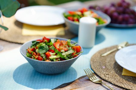 Téléchargez les photos : Délicieuse salade de légumes frais. Préparation des repas, rafraîchissements pour la garden party. Grill extérieur ou barbecue. - en image libre de droit