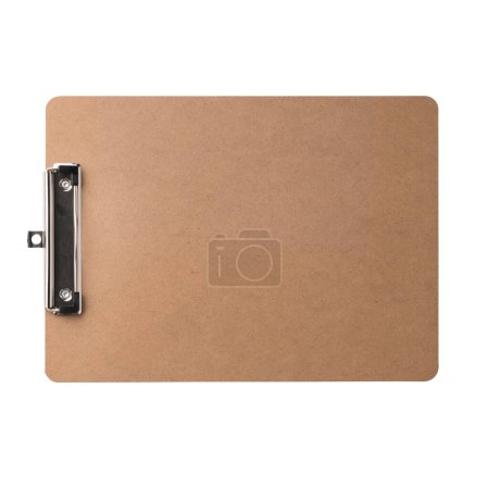 Photo for Brown clipboard with clip at top for papers. Single clipboard, writing board without papers. Realistic, photography, isolated on white background. - Royalty Free Image