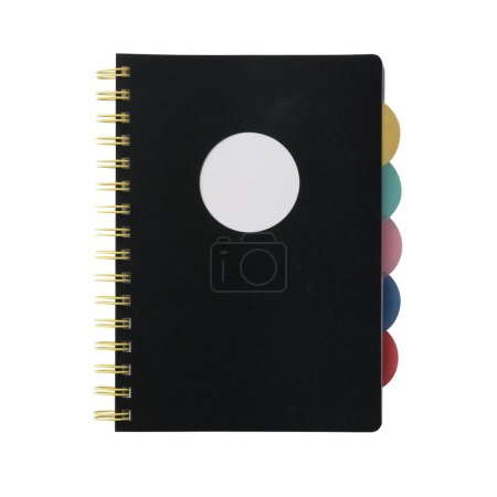 Photo for Closed paper notebook with a black cover, spiral binding, and colorful tabs. Realistic, photography, isolated on white background. - Royalty Free Image
