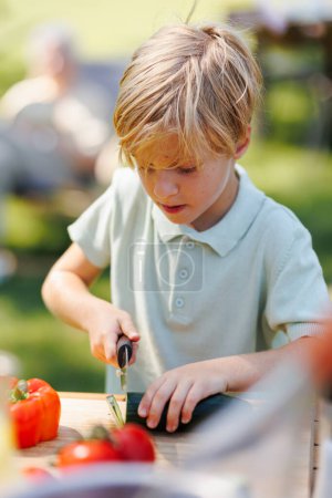 Photo for Young boy cutting vegetables for grilling. Father, grandfather and son grilling together at a garden bbq party. Three generations of men at summer family garden party. - Royalty Free Image