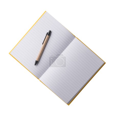 Photo for Closed paper notebook with a yellow cover and pen. Realistic, photography, isolated on white background. - Royalty Free Image