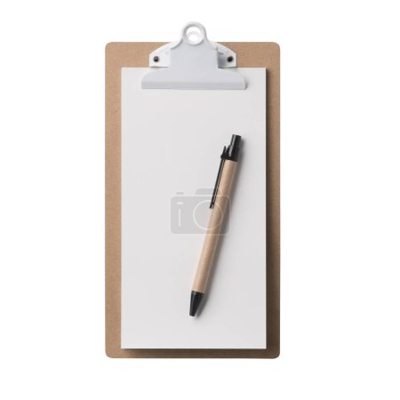 Photo for Small brown clipboard with pen.Single clipboard, writing board with papers. Realistic, photography, isolated on white background. - Royalty Free Image