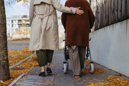 Photo for Rear view of grandmother and mature granddaughter on a walk in the city park, during a windy autumn day. Caregiver and senior lady with mobility walker enjoying the fall weather. - Royalty Free Image
