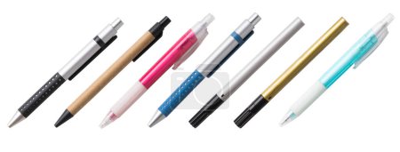 Photo for Set of colorful pens and markers laid out side by side, isolated on white background. Office stationery or school writing supplies. - Royalty Free Image