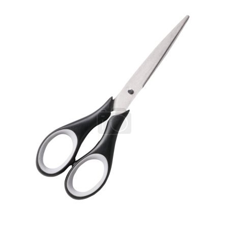 Photo for Top view of closed scissors on white background. Real photography of office scissors with stainless steel blades and black and white handle. - Royalty Free Image