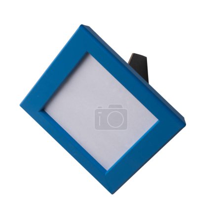 Photo for Small blue blank picture photo frame with stand. Realistic horizontal picture frame. Empty vibrant blue picture frame, mockup template isolated on the white background. - Royalty Free Image