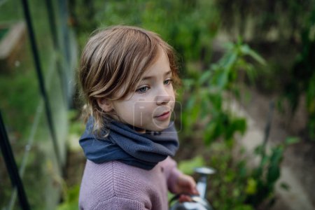 Téléchargez les photos : Petite fille arrosant les plantes dans le jardin, en utilisant l'eau de pluie collectée. Concept de conservation de l'eau dans le jardin et le jardinage familial. - en image libre de droit