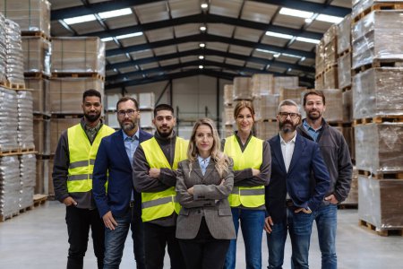 Photo for Full team of warehouse employees standing in warehouse. Team of workers, managers and female director in modern industrial factory, heavy industry, manufactrury. - Royalty Free Image
