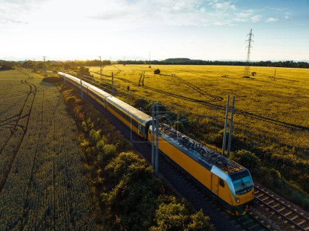 Foto de Vista aérea de un tren amarillo en medio de la naturaleza, campo, durante el día soleado de otoño. - Imagen libre de derechos