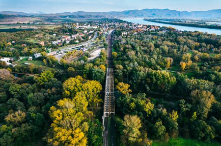 Téléchargez les photos : Vue aérienne du grand pont ferroviaire en métal en Slovaquie, au milieu de la forêt d'été, pas de train. - en image libre de droit