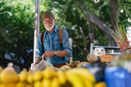 Téléchargez les photos : Portrait d'un homme âgé faisant du shopping au marché de la ville. Homme âgé achetant des légumes et des fruits frais au stand du marché. - en image libre de droit