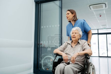 Téléchargez les photos : Portrait d'une infirmière poussant un patient âgé dans un fauteuil roulant à travers le couloir de l'hôpital, hall. Soutien émotionnel pour les femmes âgées. - en image libre de droit