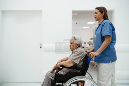 Photo for Portrait of nurse pushing senior patient in a wheelchair across hospital corridor, hall. Emotional support for elderly woman. - Royalty Free Image