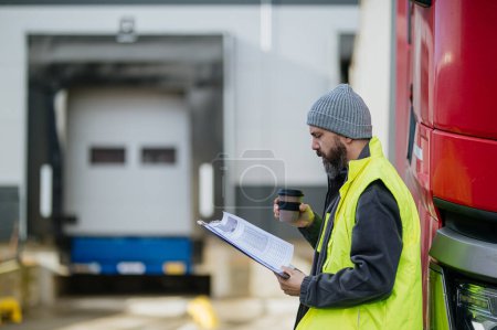 Truck driver standing by his red truck and holding clipboard, looking at cargo details, delivery schedule.