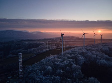 Téléchargez les photos : Photographie aérienne de paysage du lever du soleil sur la nature gelée avec des éoliennes. L'éolienne domine dans la douce lumière du matin avec des arbres glacés autour, l'harmonie de la nature et de la technologie. Concept de vent - en image libre de droit