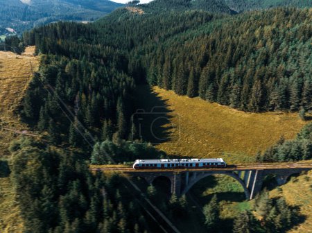 Foto de Vista aérea del tren en el histórico puente ferroviario de piedra en Eslovaquia. Puente ferroviario de arco de piedra alto y completamente conservado. - Imagen libre de derechos