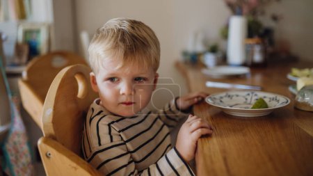 Photo for Little cute todller eating breakfast in high chair in home kitchen. Healthy breakfast or snack before day care, preschool. - Royalty Free Image
