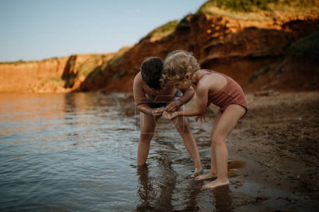 Foto de Hermano ayudando a hermana seraching para conchas en arena mojada. Niña en traje de baño jugando en la playa, agachada en el agua. - Imagen libre de derechos