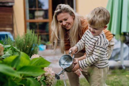 Photo for Mother and little son taking care of plants in the garden, replanting, watering flowers. Mom and boy spending quality time together, bonding. - Royalty Free Image