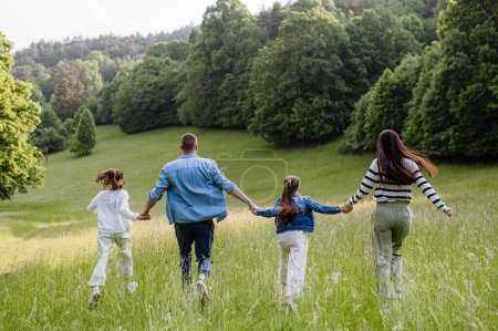 Foto de Vista trasera de la hermosa familia joven caminando, corriendo a través de la hierba en el prado, disfrutando juntos tiempo. - Imagen libre de derechos