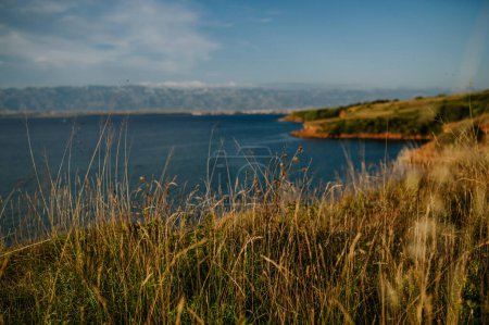Téléchargez les photos : Beau paysage de la Croatie, côte croate, eau bleue de la mer adriatique avec rivage pendant le coucher du soleil. - en image libre de droit
