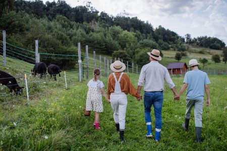 Téléchargez les photos : Vue arrière d'une famille de fermiers marchant avec des animaux, des vaches dans un enclos. Animaux de ferme ayant un enclos idéal pour le pâturage. Concept d'agriculture multigénérationnelle et familiale. - en image libre de droit
