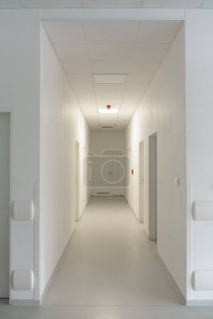 Hospital corridor, empty hospital hall. Modern medical clinic, with closed doors. Vertical shot.