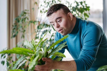 Young man with Down syndrome taking care of indoor plant, touching and snuggling plant leaf.