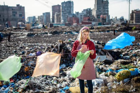 Foto de Mujer ama de casa en vertedero colgando bolsas de plástico como lavandería., consumismo versus concepto de contaminación plástica. - Imagen libre de derechos