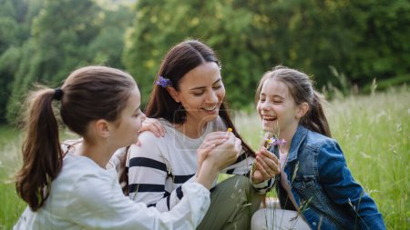 Photo for Beautiful mother with daughters, picking flowers, putting in moms, hair, sitting in the grass at meadow. Concept of Mothers Day and maternal love. - Royalty Free Image