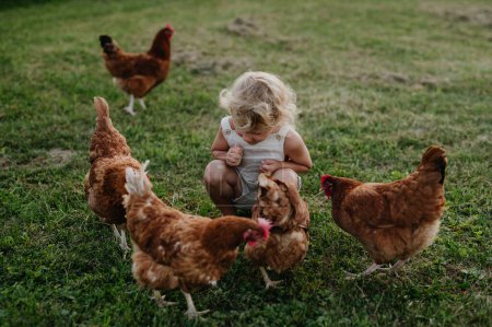 Foto de Niña sentada entre pollos en una granja y persiguiéndolos. Divirtiéndose durante las vacaciones en la casa de campo de sus abuelos. - Imagen libre de derechos