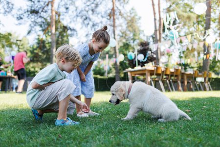 Photo for Children playing with a small puppy at a family garden party. Family gathering outdoors during warm autumn day. Portrait of little boy and girl lying on grass with Golden retriever puppy. - Royalty Free Image