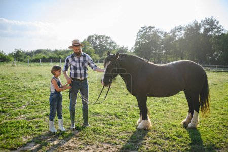 Téléchargez les photos : Portrait d'un père et d'une jeune fille prenant soin d'un cheval dans une ferme, le menant au paddock. Concept d'agriculture multigénérationnelle. - en image libre de droit