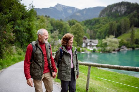Téléchargez les photos : Couple âgé actif marchant ensemble dans les montagnes d'automne et se tenant la main. Touristes seniors profitant d'une vue sur le lac. - en image libre de droit