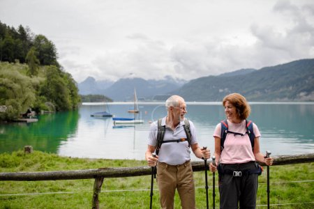 Téléchargez les photos : Portrait d'un couple de personnes âgées actives marchant ensemble dans les montagnes. Touristes seniors marchant avec des bâtons de trekking pour la stabilité. - en image libre de droit