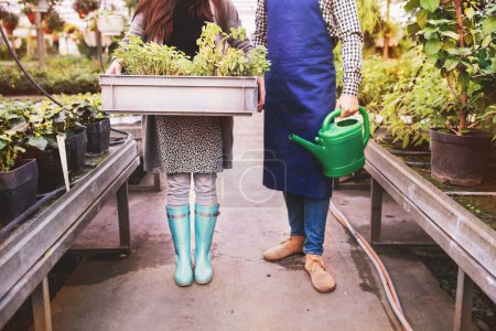 Close up on legs of gardener and customer holding watering can and plastic crate, plant tray. Small greenhouse business.Offering wide range of plants during spring gardening season.