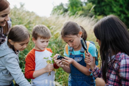 Young students learning about nature during biology field teaching class, observing wild plants with magnifying glass and pocket microscope. Dedicated teachers during outdoor active education
