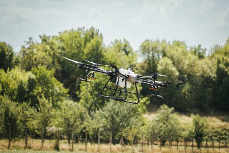 Agricultural drones spraying crops, distribute pesticides, herbicides and fertilizers efficiently and precisely. Aerial view of a drone moderning over farm fields, technologies in modern farming.