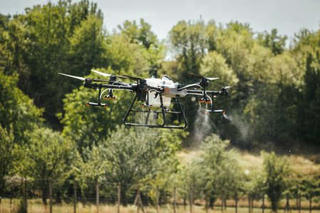 Photo for Agricultural drones spraying crops, distribute pesticides, herbicides and fertilizers efficiently and precisely. Aerial view of a drone moderning over farm fields, technologies in modern farming. - Royalty Free Image