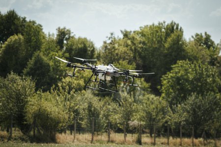 Landwirtschaftliche Drohnen versprühen Pflanzen, verteilen Pestizide, Herbizide und Düngemittel effizient und präzise. Luftaufnahme einer Drohne, die über landwirtschaftlichen Feldern moderiert, Technologien in der modernen Landwirtschaft.