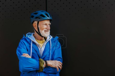 An elderly man, cyclist traveling through the city by bike, Senior city commuter.