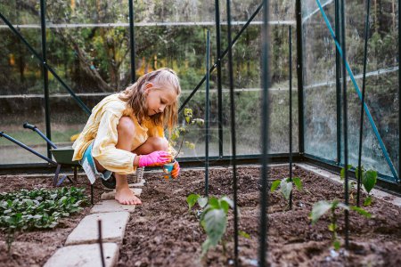 Niña joven replantando plántulas vegetales de bandeja a invernadero. El cuidado del jardín y la plantación de verduras de primavera, hierbas.