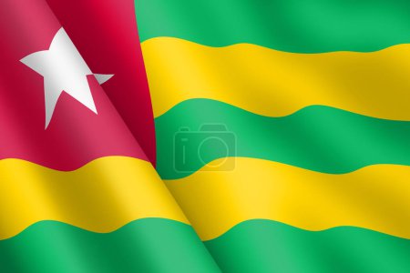 Ein Togo schwenkt Flagge 3d Illustration Wind Wellen grün rot gelb Streifen weißer Stern Hintergrund Illustration
