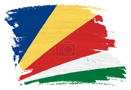 Eine Seychellen-Flagge Hintergrund Farbe Splash Pinselstrich 3D-Illustration mit Clipping Pfad blau gelb rot weiß grün diagonal