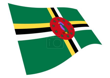 Un drapeau de la Dominique agitant illustration 3d isolé sur blanc avec chemin de coupe vert jaune noir rouge sisserou perroquet