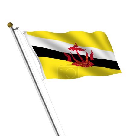Eine Brunei Flaggenmast 3D-Illustration auf weiß mit Ausschnitt Weg rot gelb grün Wappen