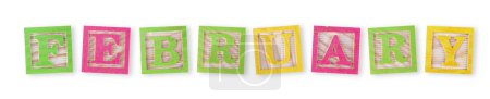 Photo for A February concept with childs wood blocks on white with clipping path to remove shadow - Royalty Free Image