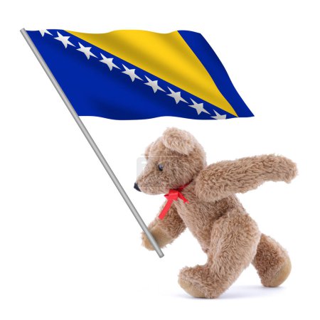Una bandera de Bosnia Herzegovina siendo llevada por un lindo osito de peluche